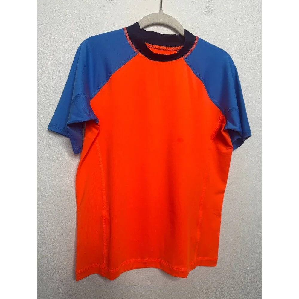 Lands’ End Boys XL Husky Rash Guard Colorblock Orange Blue Short Sleeve Swim Top